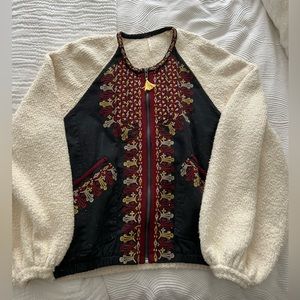 Free People Embroidered Jacket Puff Sleeves Zip Up Statement
